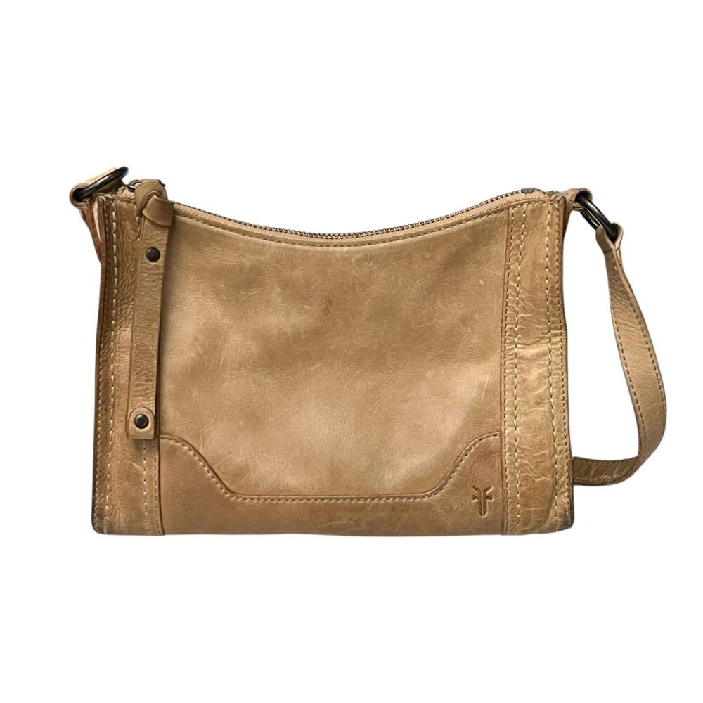 Frye Melissa Crossbody Bag Tan Distressed Leather Zip Top Adjustable Strap